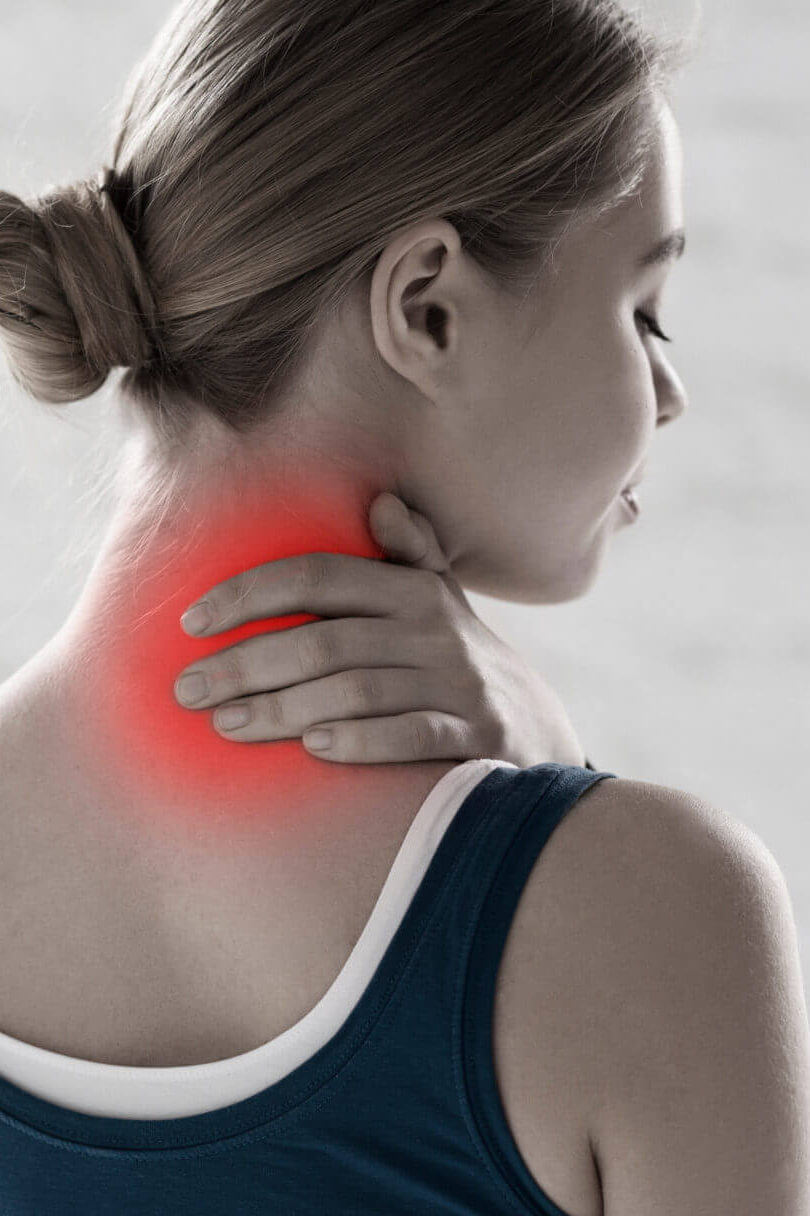Professional Sportswoman Feeling Pain In Her Neck In Gym, Copy Space